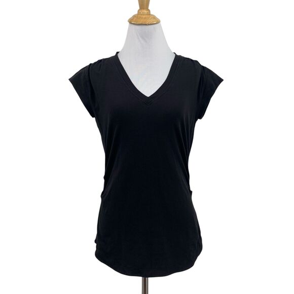 Athleta T Shirt Womens XS Extra Small Black Outbound V Neck Ruched Side Stretch - Picture 1 of 13
